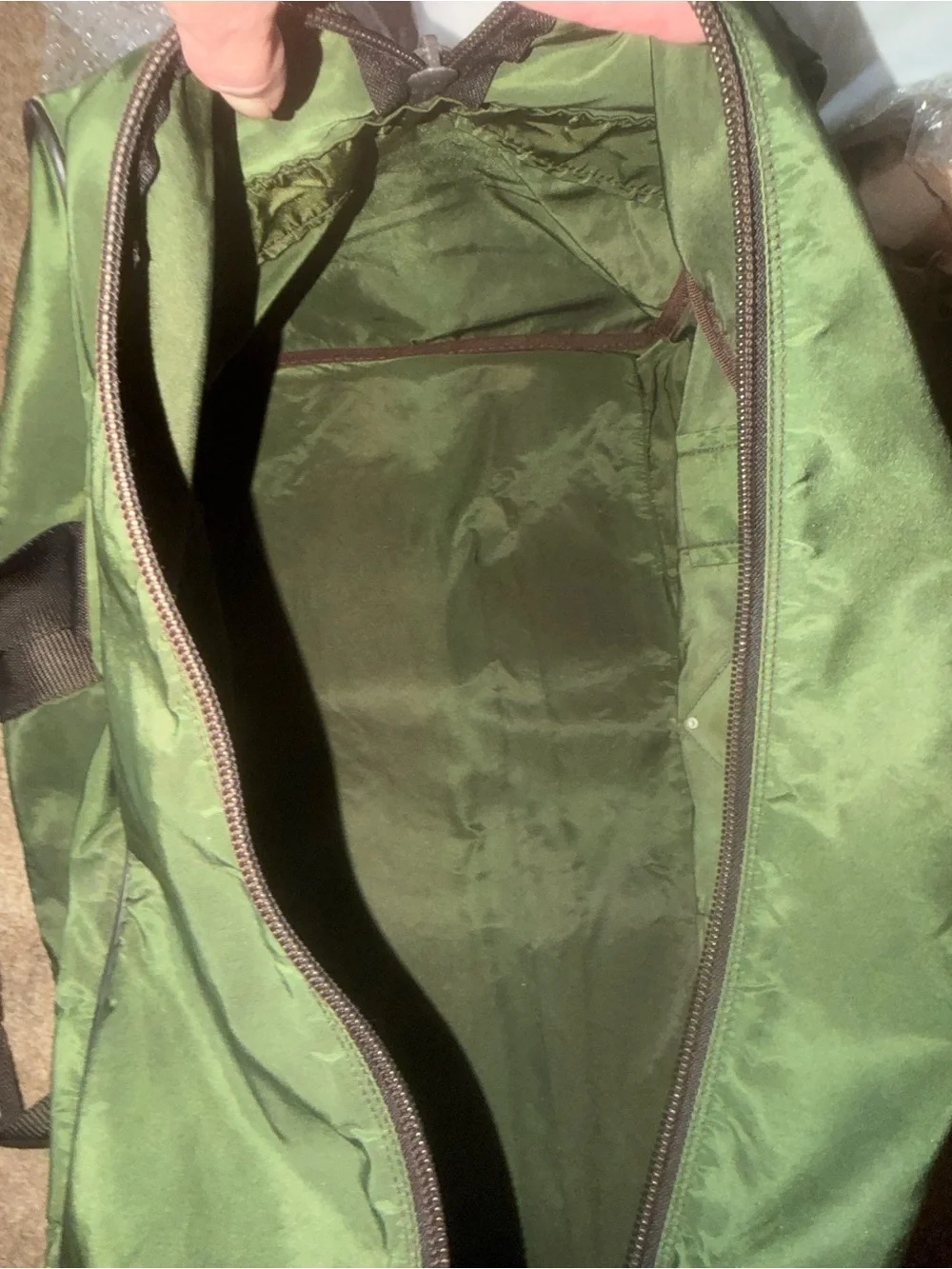 Prada Dark Olive Nylon Duffel Bag with Black Straps. Versatile Travel Piece!